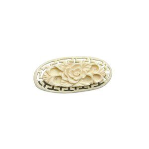 Vintage Carved Celluloid Ivory White Floral Brooch Pin Intricate Rose Design
